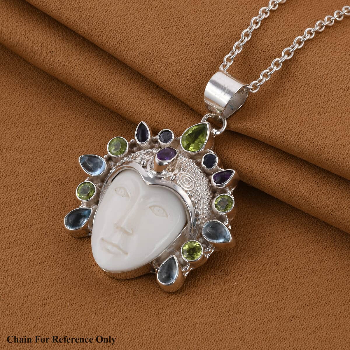 Sajen Silver Carved Bone and Multi Gemstone Pendant in Sterling Silver 5.75 ctw image number 1