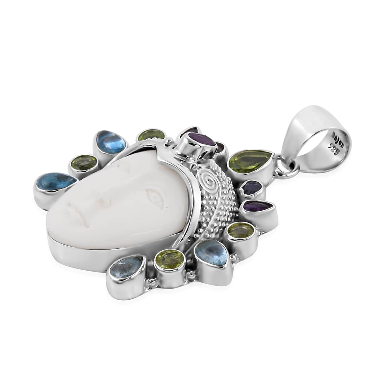 Sajen Silver Carved Bone and Multi Gemstone Pendant in Sterling Silver 5.75 ctw image number 3