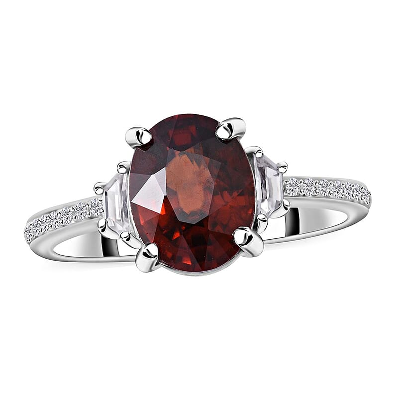 Natural Red Zircon and White Zircon 3.25 ctw Ring in Platinum Over Sterling Silver (Size 10.0)