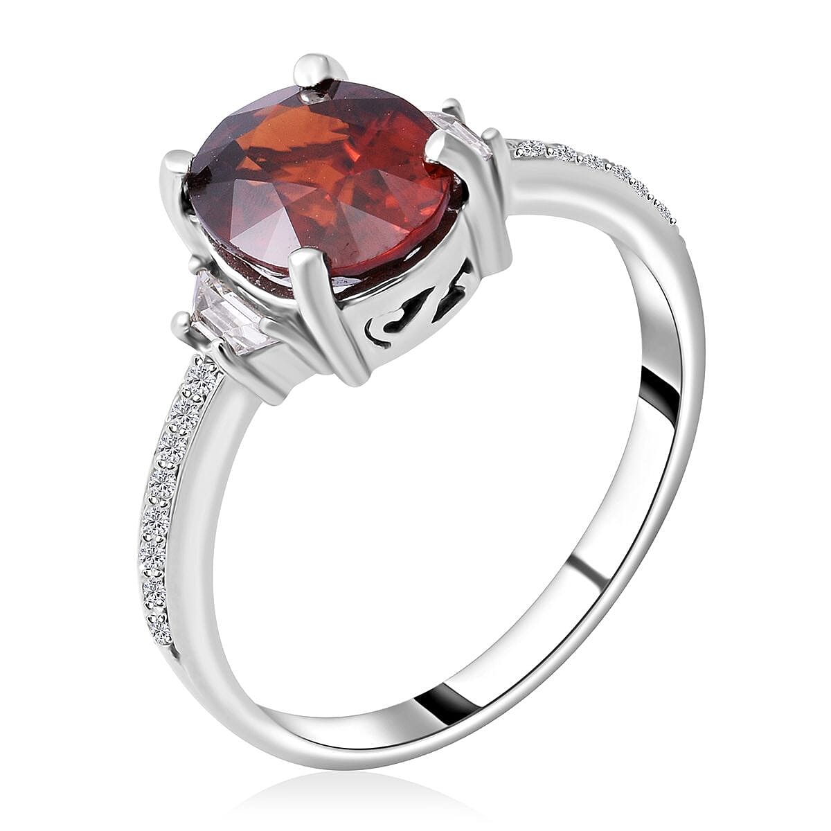 Natural Red Zircon and White Zircon 3.25 ctw Ring in Platinum Over Sterling Silver (Size 9.0) image number 2