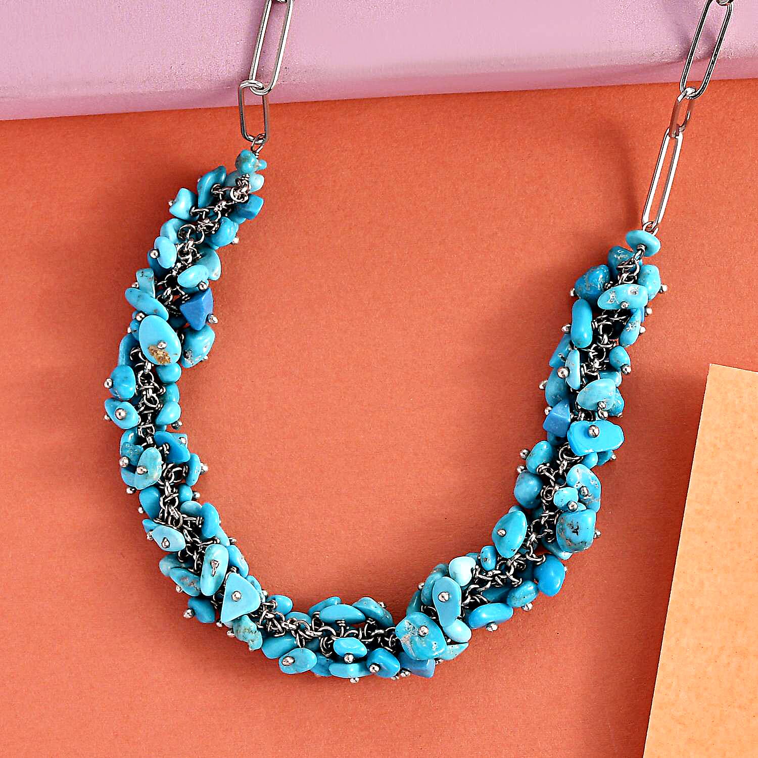 Sleeping Beauty Turquoise Chips Necklace, Paper Clip Chain Necklace, Rhodium Over Sterling Silver Necklace, 18 Inch Necklace, Turquoise Jewelry 80.50 ctw