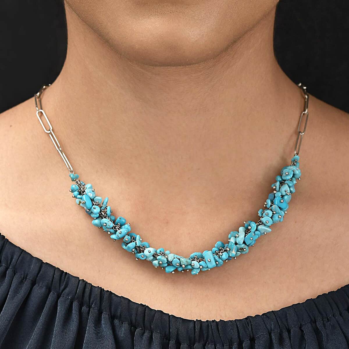 Sleeping Beauty Turquoise Chips Necklace, Paper Clip Chain Necklace, Rhodium Over Sterling Silver Necklace, 18 Inch Necklace, Turquoise Jewelry 80.50 ctw image number 2