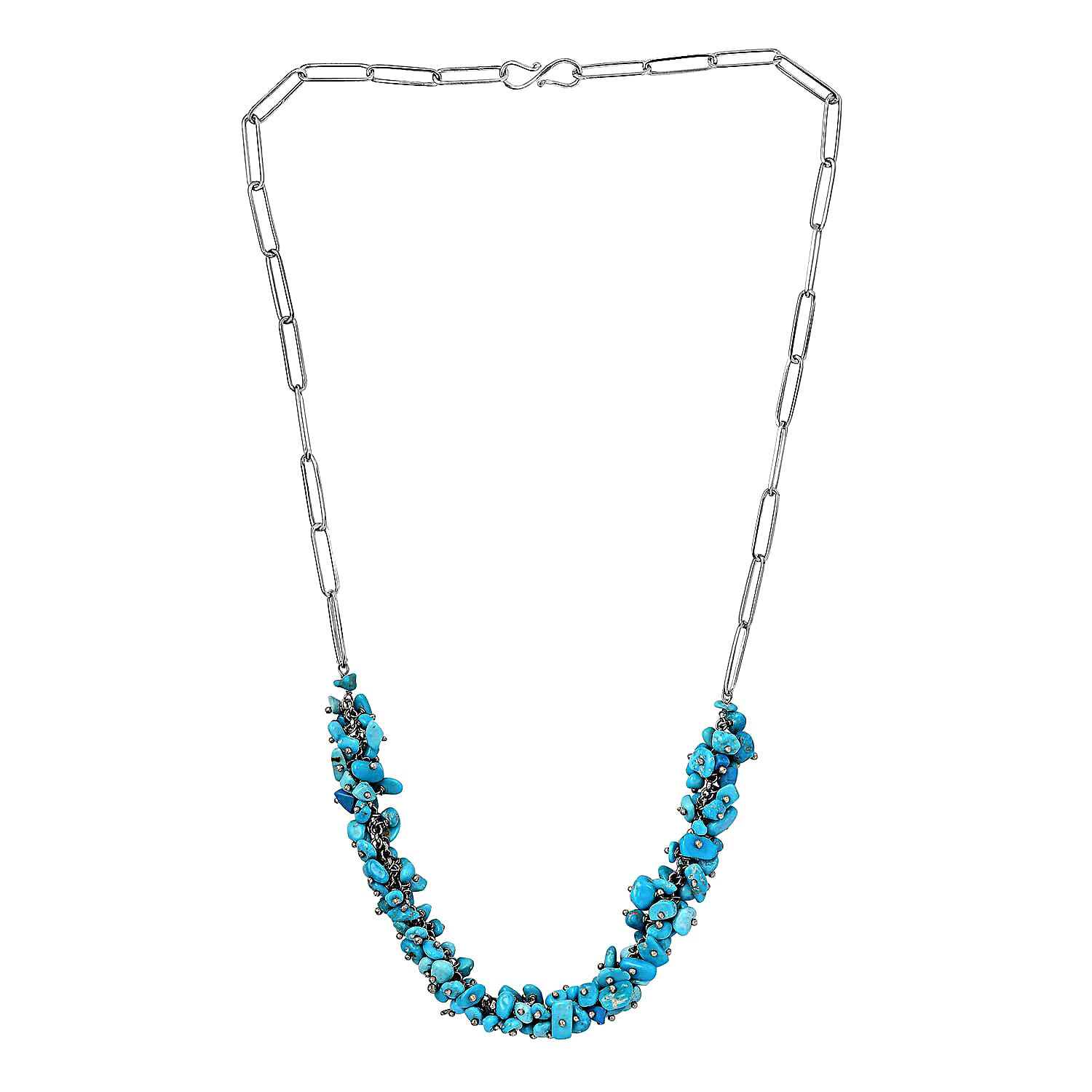 Sleeping Beauty Turquoise Chips Necklace, Paper Clip Chain Necklace, Rhodium Over Sterling Silver Necklace, 18 Inch Necklace, Turquoise Jewelry 80.50 ctw