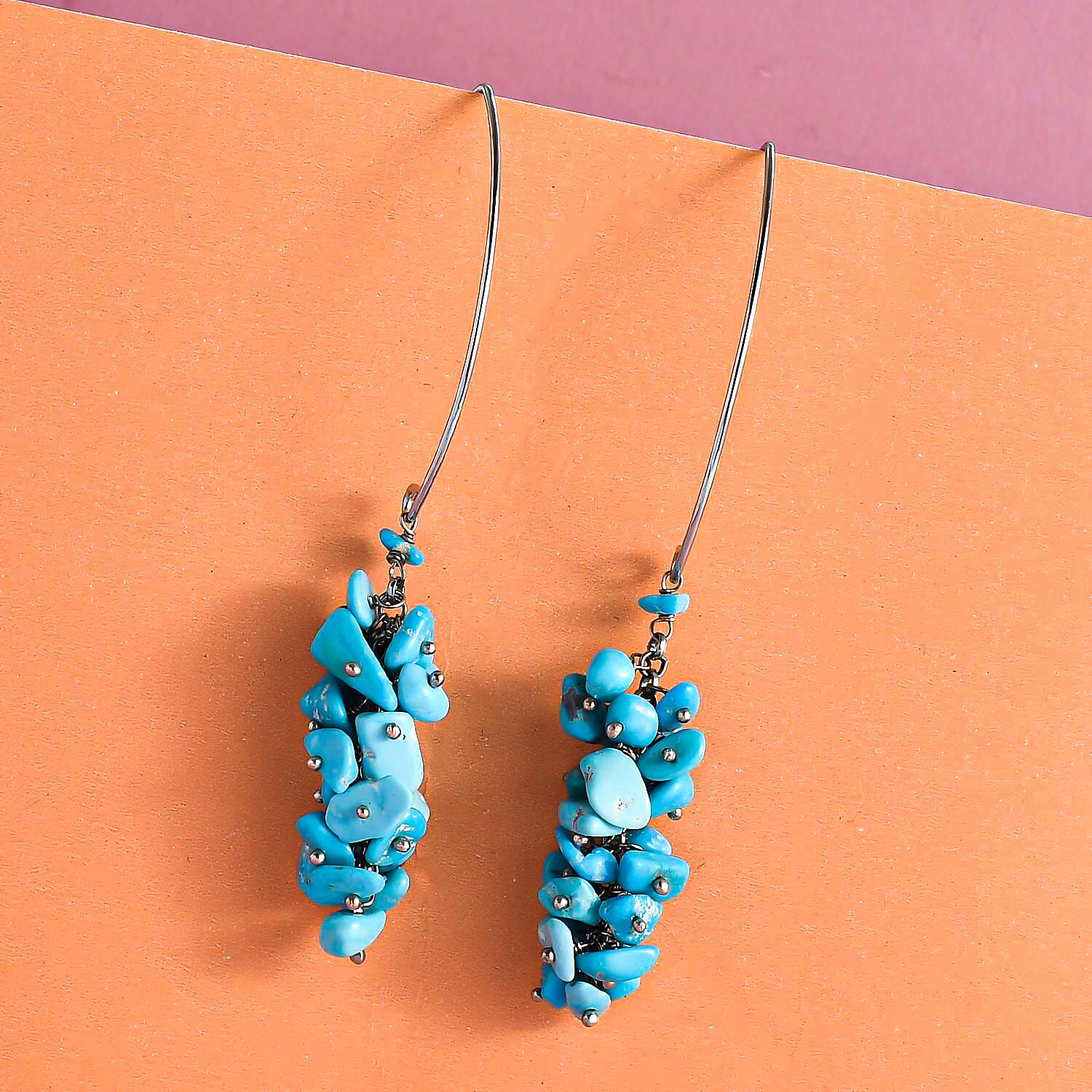 Sleeping Beauty Turquoise Dangle Earrings in Rhodium Plated Sterling Silver| Chips Drop Earrings| Silver Jewelry For Women 32.00 ctw