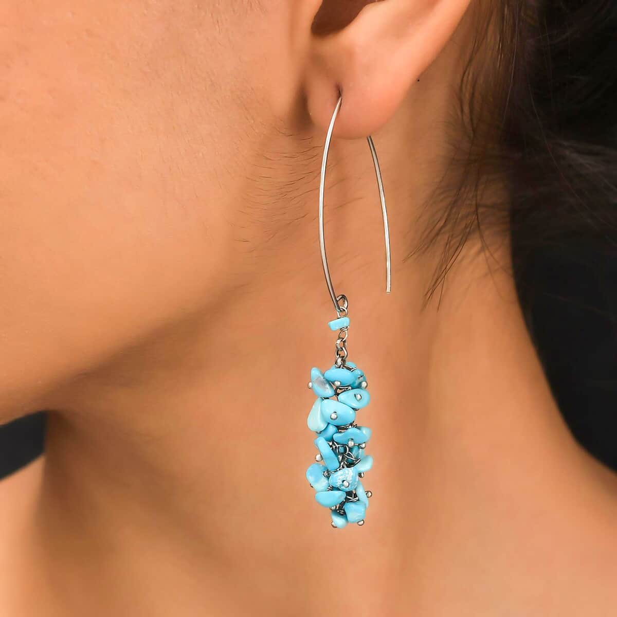 Sleeping Beauty Turquoise Dangle Earrings in Rhodium Plated Sterling Silver| Chips Drop Earrings| Silver Jewelry For Women 32.00 ctw image number 2