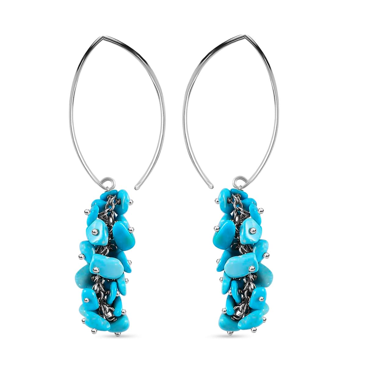 Sleeping Beauty Turquoise Dangle Earrings in Rhodium Plated Sterling Silver| Chips Drop Earrings| Silver Jewelry For Women 32.00 ctw image number 3