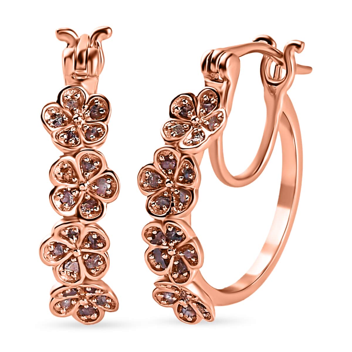 Uncut Natural Pink Diamond Floral Hoop Earrings, Vermeil Rose Gold Over Sterling Silver Earrings, Pink Diamond Jewelry For Her, Diamond Gifts 0.33 ctw image number 0