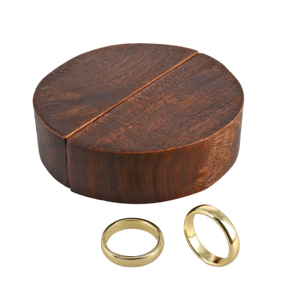 Portable Wooden Round Shaped Secret Ring Box with Goldtone Ring (Size 10.0)  image number 0