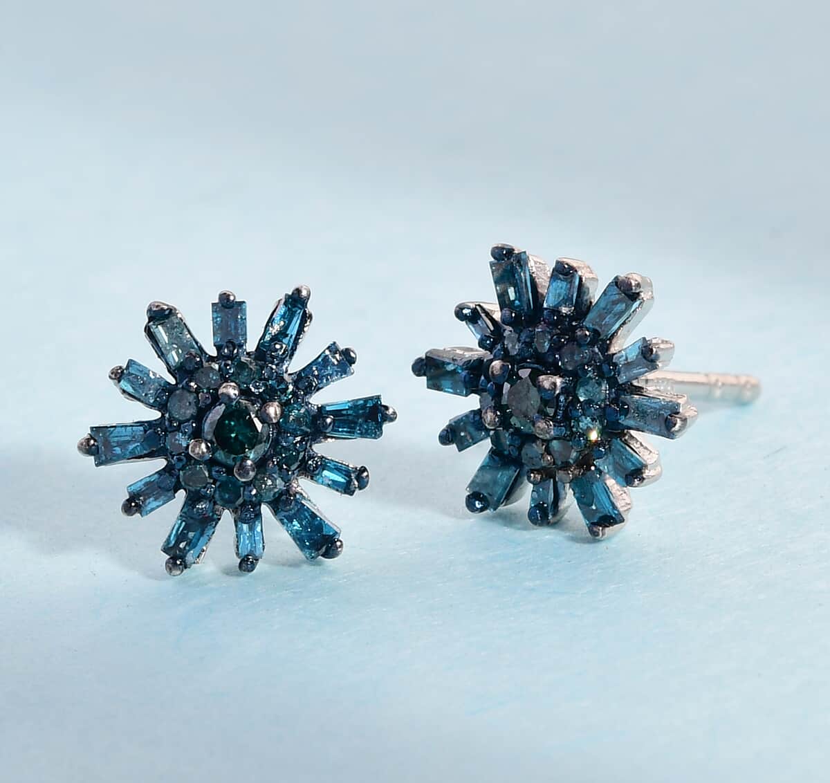 Blue Diamond (IR) Starburst Floral Stud Earrings in Rhodium and Platinum Over Sterling Silver 0.33 ctw image number 1