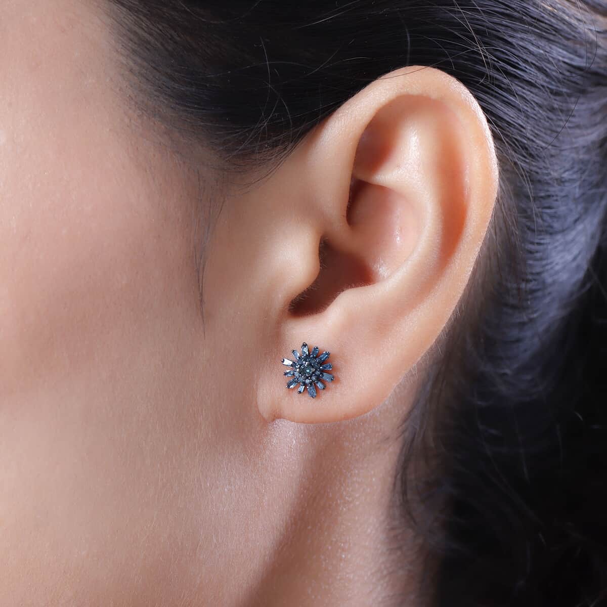 Blue Diamond (IR) Starburst Floral Stud Earrings in Rhodium and Platinum Over Sterling Silver 0.33 ctw image number 2