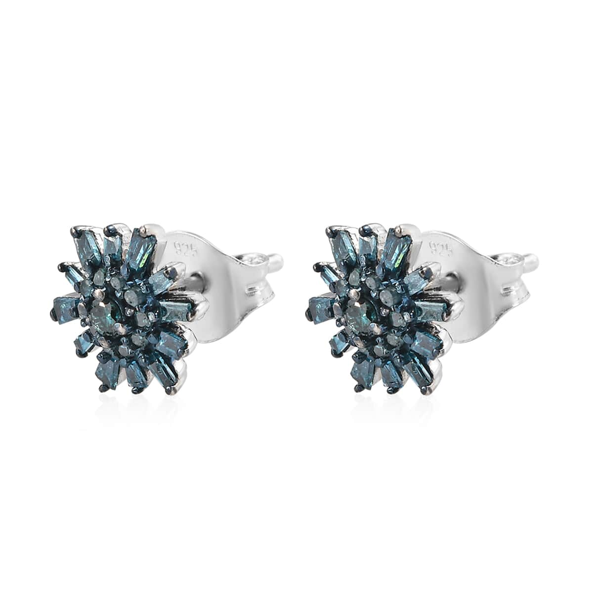 Blue Diamond (IR) Starburst Floral Stud Earrings in Rhodium and Platinum Over Sterling Silver 0.33 ctw image number 3