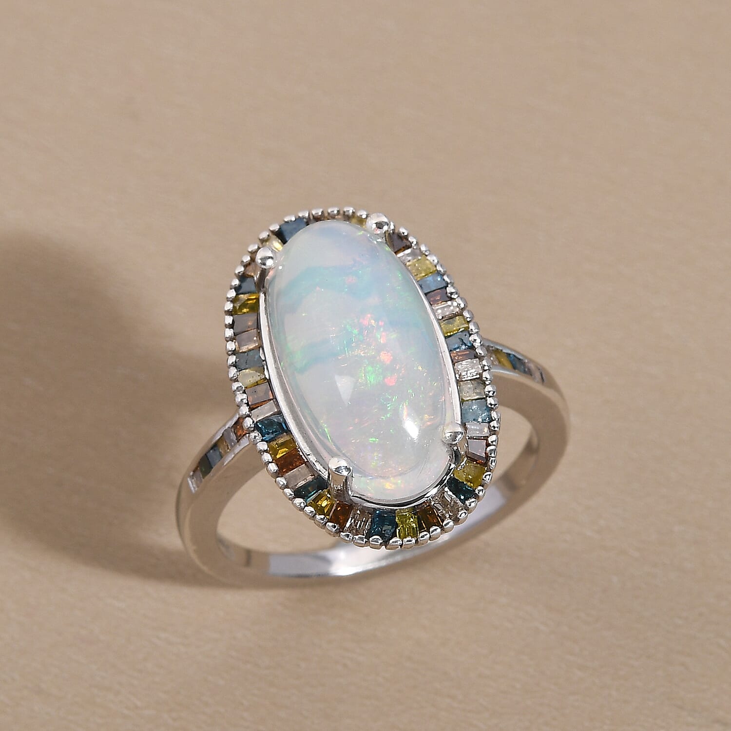 Premium Ethiopian Welo Opal and Multi Diamond 3.50 ctw Elongated Halo Ring in Platinum Over Sterling Silver (Size 6.0)
