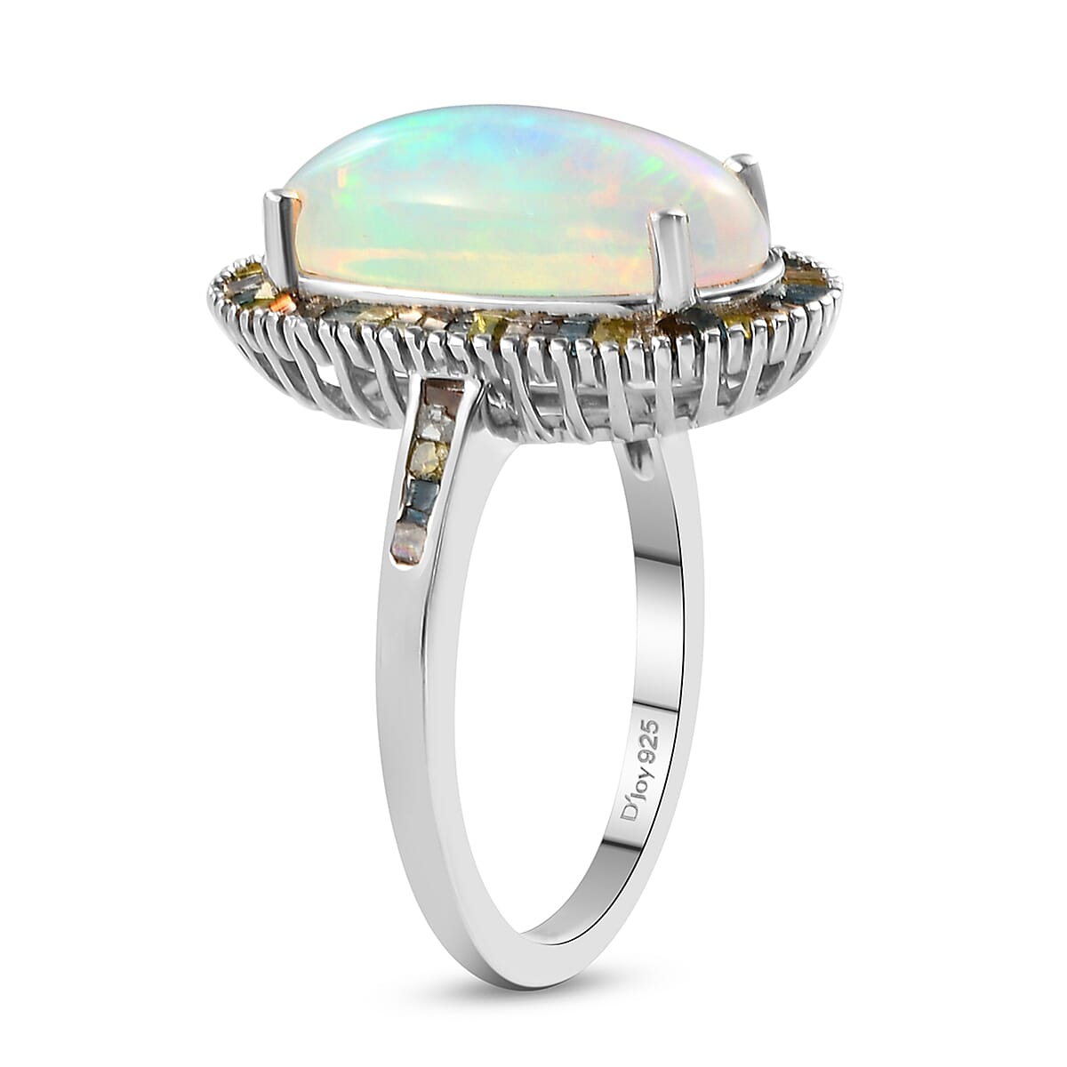 Premium Ethiopian Welo Opal and Multi Diamond 3.50 ctw Elongated Halo Ring in Platinum Over Sterling Silver (Size 6.0)