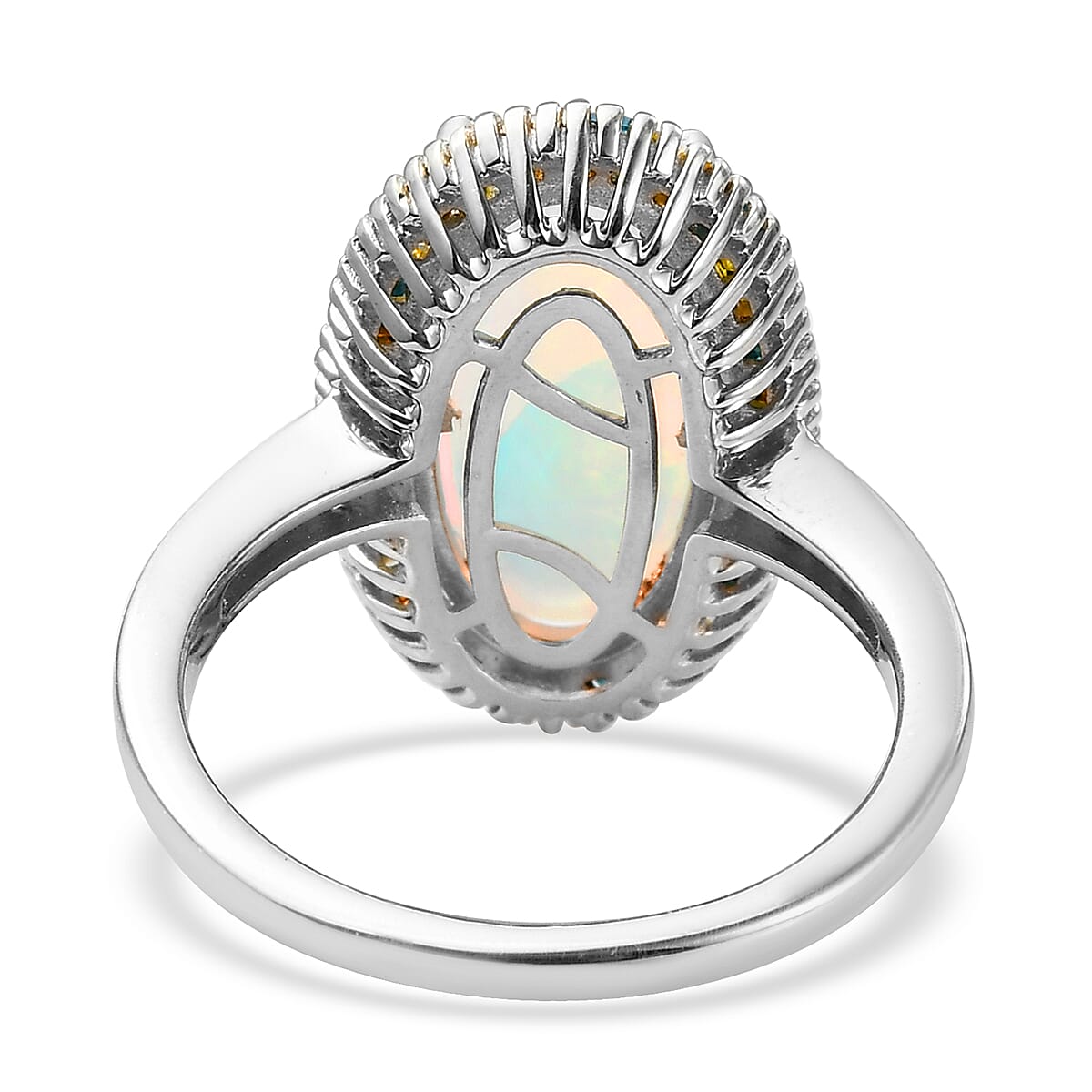 Premium Ethiopian Welo Opal and Multi Diamond 3.50 ctw Elongated Halo Ring in Platinum Over Sterling Silver (Size 6.0)