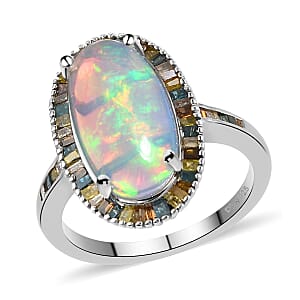Premium Ethiopian Welo Opal and Multi Diamond Elongated Halo Ring in Platinum Over Sterling Silver (Size 7.0) 3.50 ctw