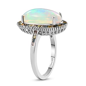 Premium Ethiopian Welo Opal and Multi Diamond Elongated Halo Ring in Platinum Over Sterling Silver (Size 7.0) 3.50 ctw