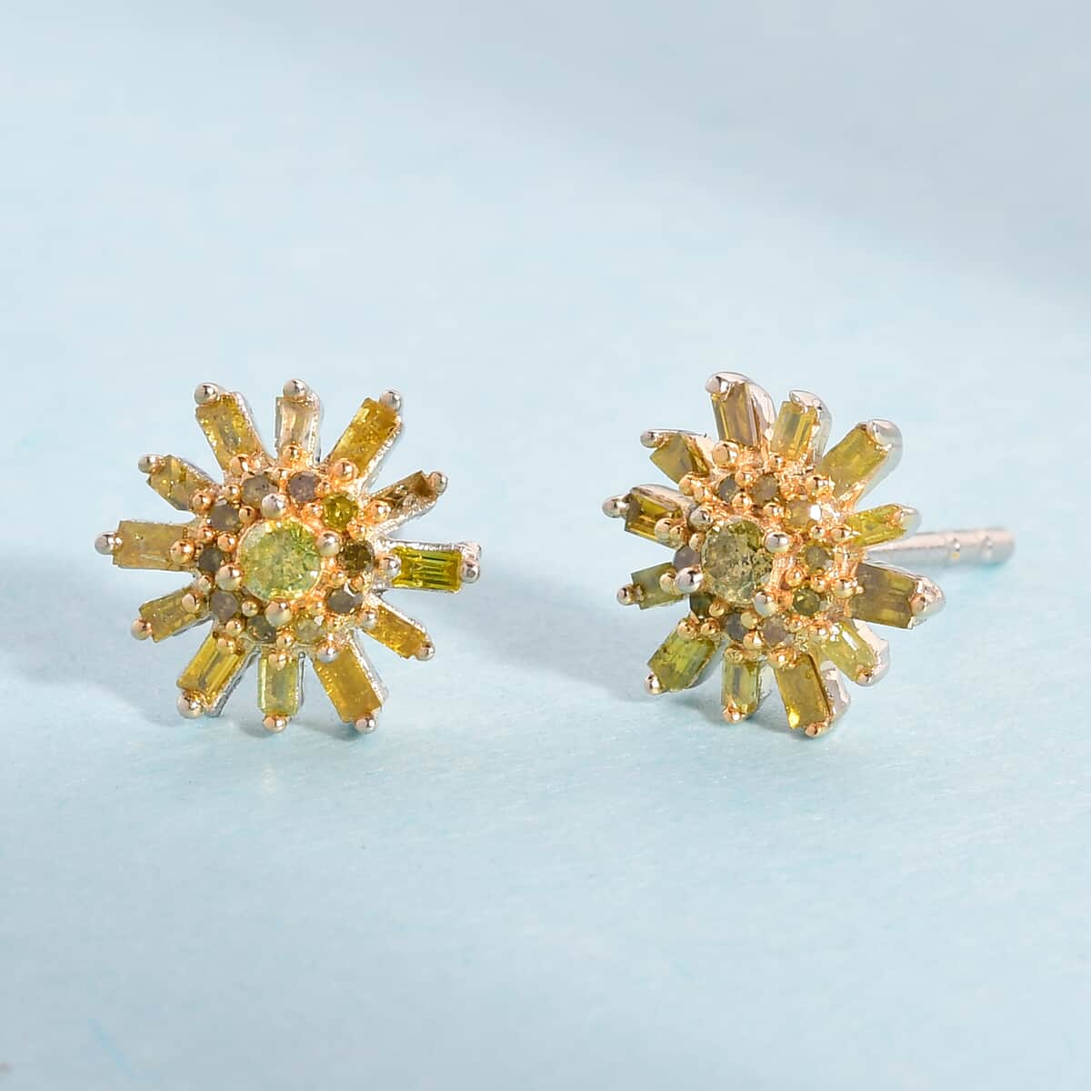 Yellow Diamond Starburst Floral Stud Earrings in Rhodium and Platinum Over Sterling Silver 0.33 ctw image number 1
