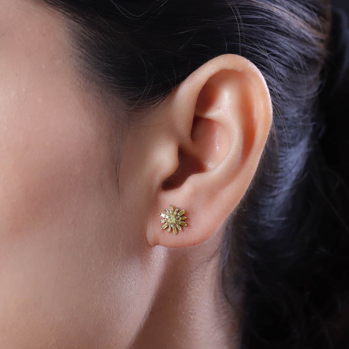 Yellow Diamond Starburst Floral Stud Earrings in Rhodium and Platinum Over Sterling Silver 0.33 ctw image number 2