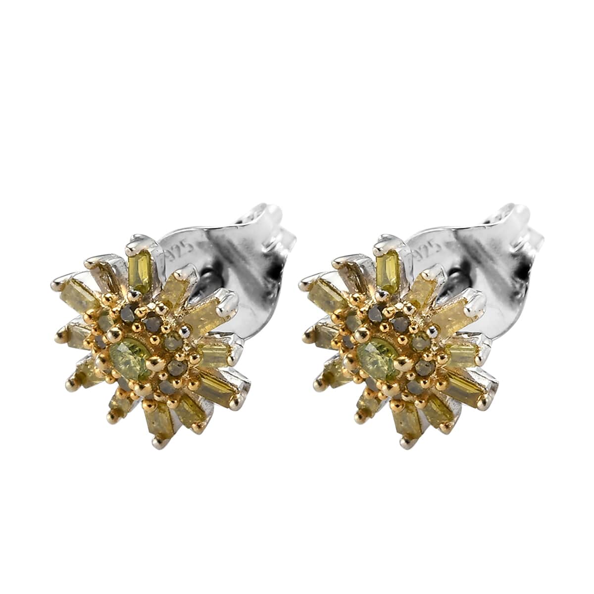 Yellow Diamond Starburst Floral Stud Earrings in Rhodium and Platinum Over Sterling Silver 0.33 ctw image number 3