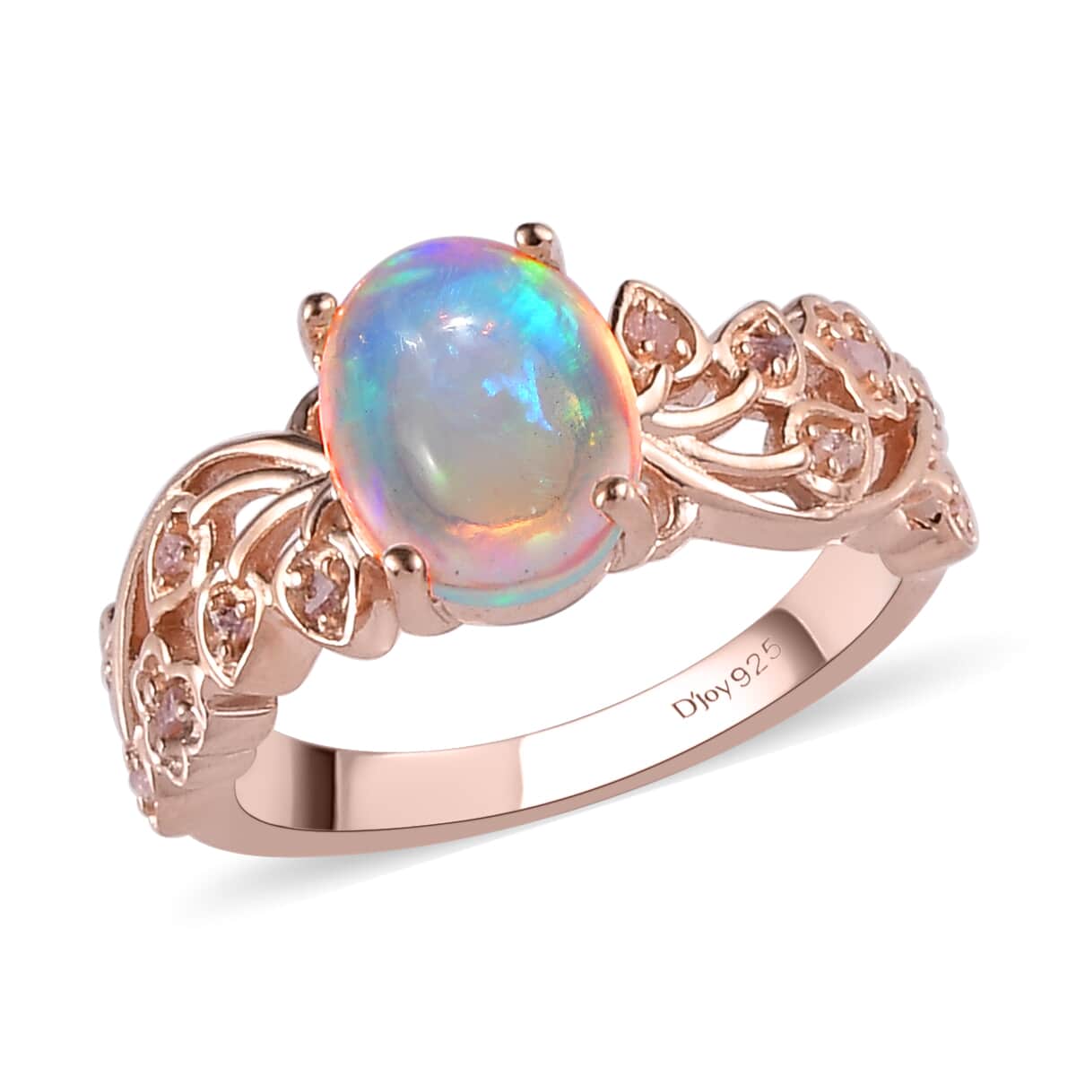 Premium Ethiopian Welo Opal and Uncut Natural Pink Diamond Ring in Vermeil Rose Gold Over Sterling Silver 1.50 ctw image number 0