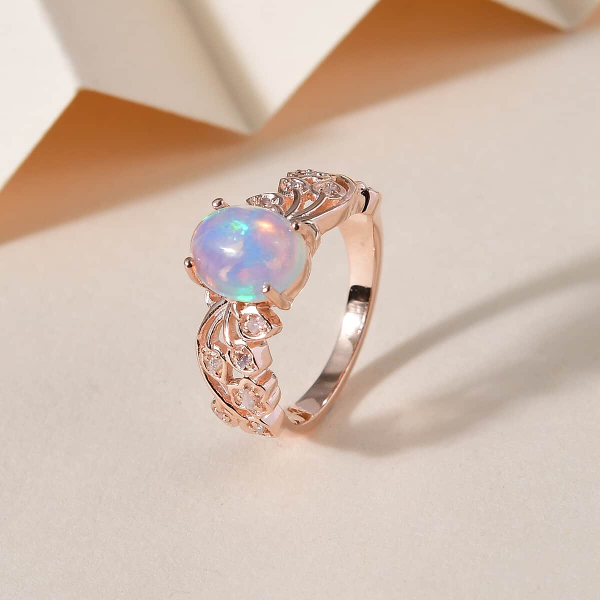 Premium Ethiopian Welo Opal and Uncut Natural Pink Diamond Ring in Vermeil Rose Gold Over Sterling Silver 1.50 ctw image number 1