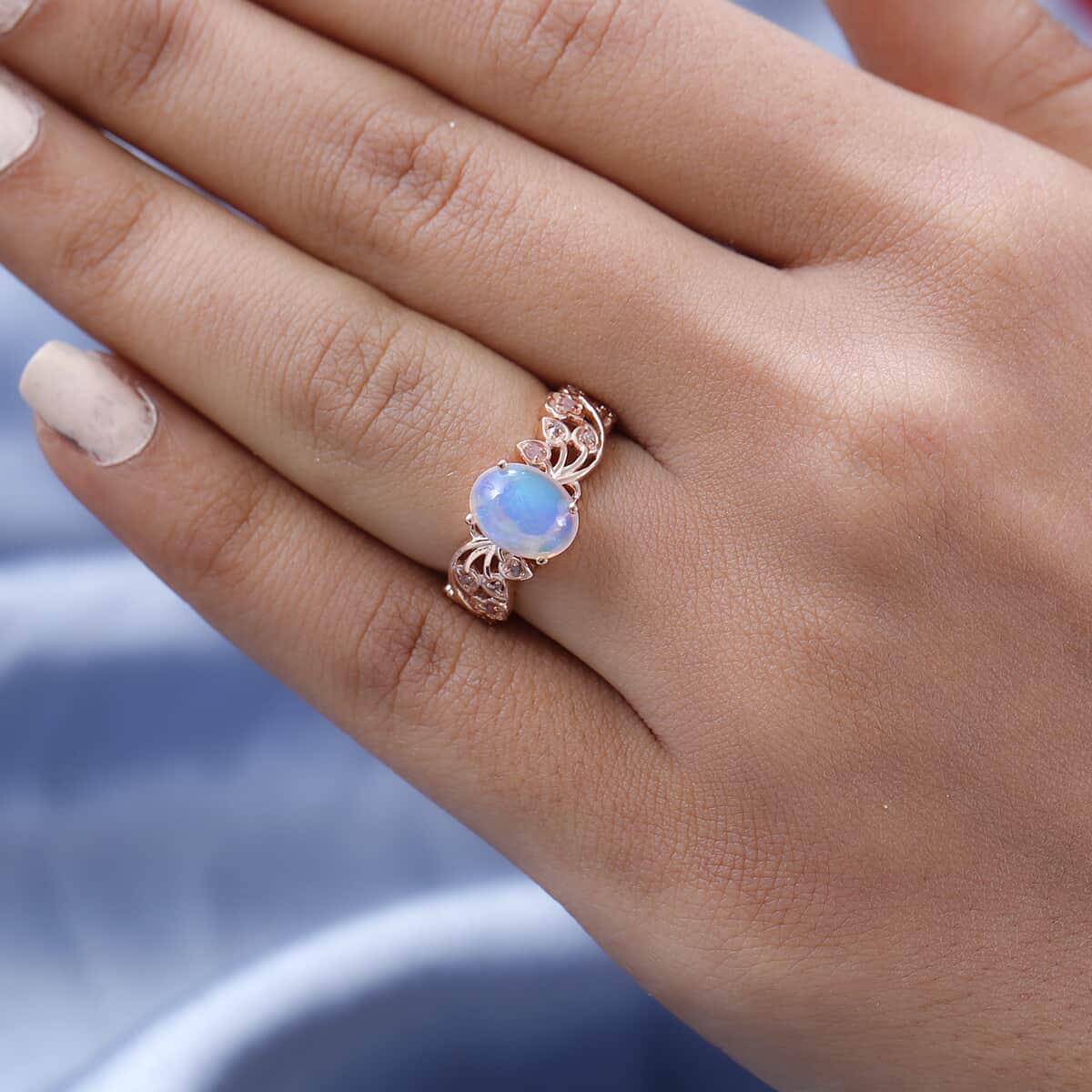 Premium Ethiopian Welo Opal and Uncut Natural Pink Diamond Ring in Vermeil Rose Gold Over Sterling Silver 1.50 ctw image number 2