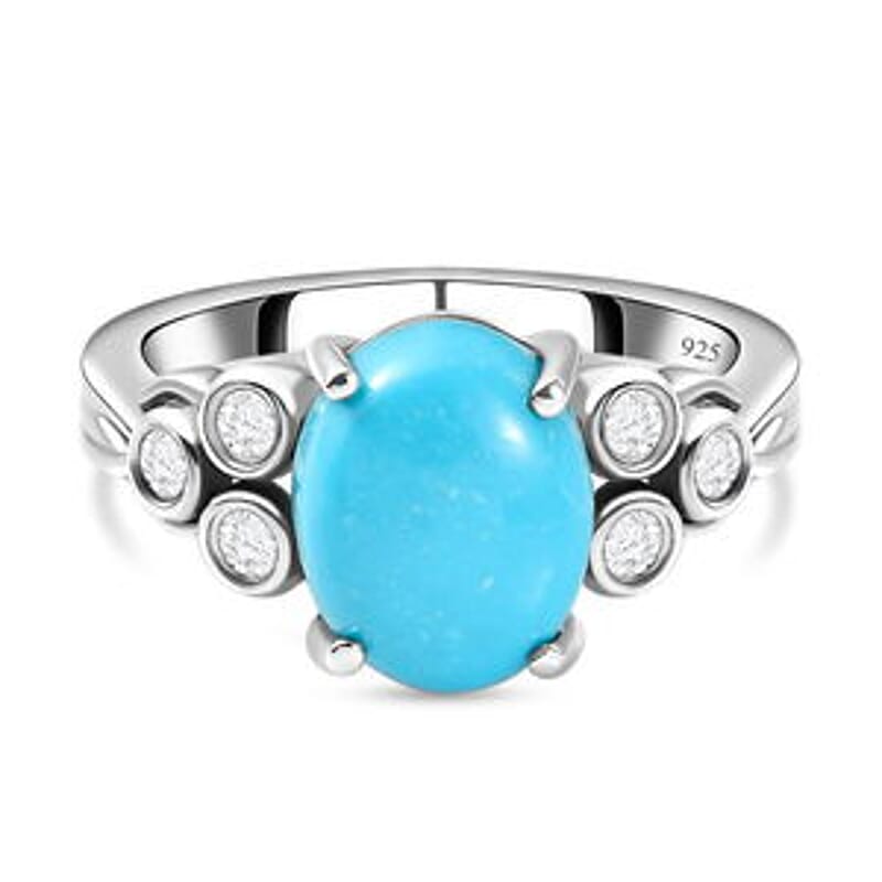 Sleeping Beauty Turquoise and White Zircon 2.54 ctw Ring in Platinum Over Sterling Silver (Size 10.0)