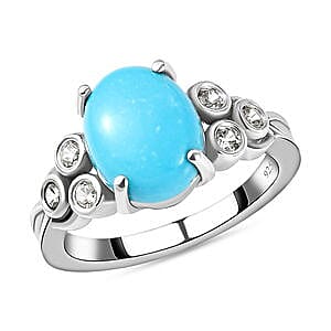 Sleeping Beauty Turquoise and White Zircon 2.54 ctw Ring in Platinum Over Sterling Silver (Size 10.0)
