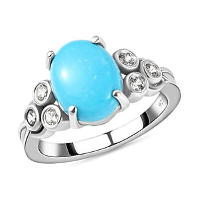 Sleeping Beauty Turquoise and White Zircon 2.54 ctw Ring in Platinum Over Sterling Silver (Size 10.0)