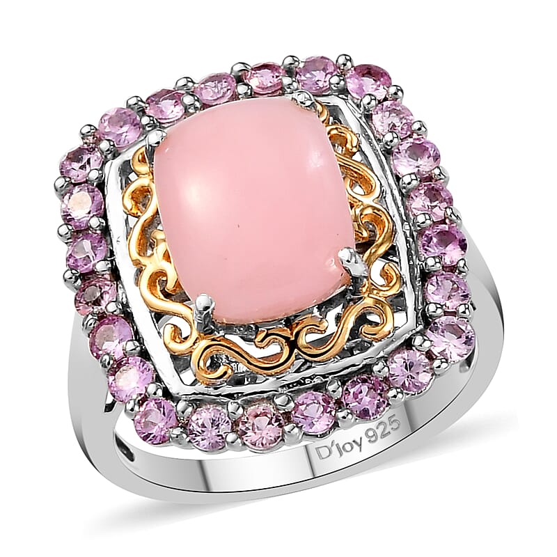 Peruvian Pink Opal and Madagascar Pink Sapphire Halo Ring in Vermeil Yellow Gold and Platinum Over Sterling Silver (Size 6.0) 3.15 ctw