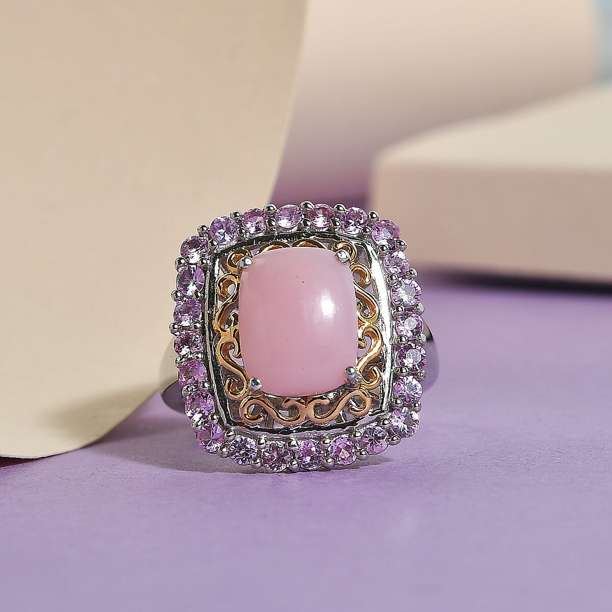 Peruvian Pink Opal and Madagascar Pink Sapphire Halo Ring in Vermeil Yellow Gold and Platinum Over Sterling Silver 3.15 ctw image number 1