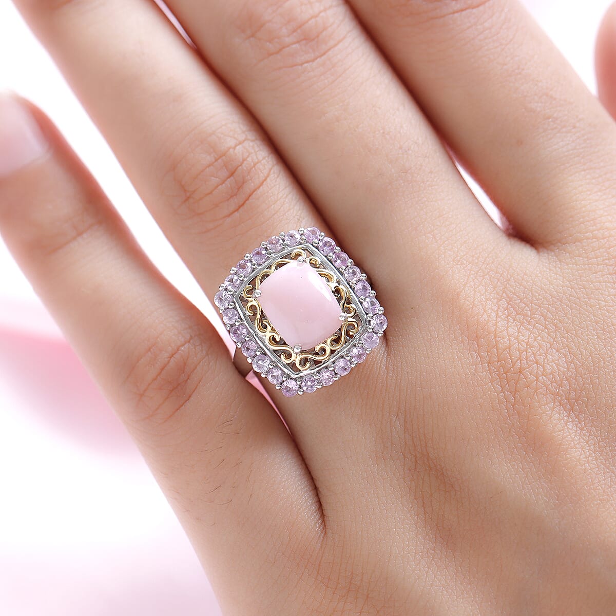 Peruvian Pink Opal and Madagascar Pink Sapphire Halo Ring in Vermeil Yellow Gold and Platinum Over Sterling Silver 3.15 ctw image number 2