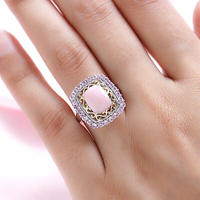 Peruvian Pink Opal and Madagascar Pink Sapphire Halo Ring in Vermeil Yellow Gold and Platinum Over Sterling Silver (Size 6.0) 3.15 ctw