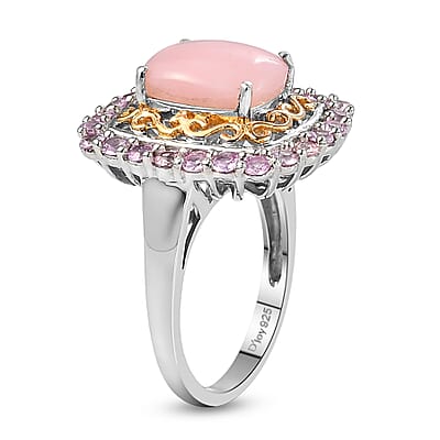 Peruvian Pink Opal and Madagascar Pink Sapphire Halo Ring in Vermeil Yellow Gold and Platinum Over Sterling Silver (Size 6.0) 3.15 ctw