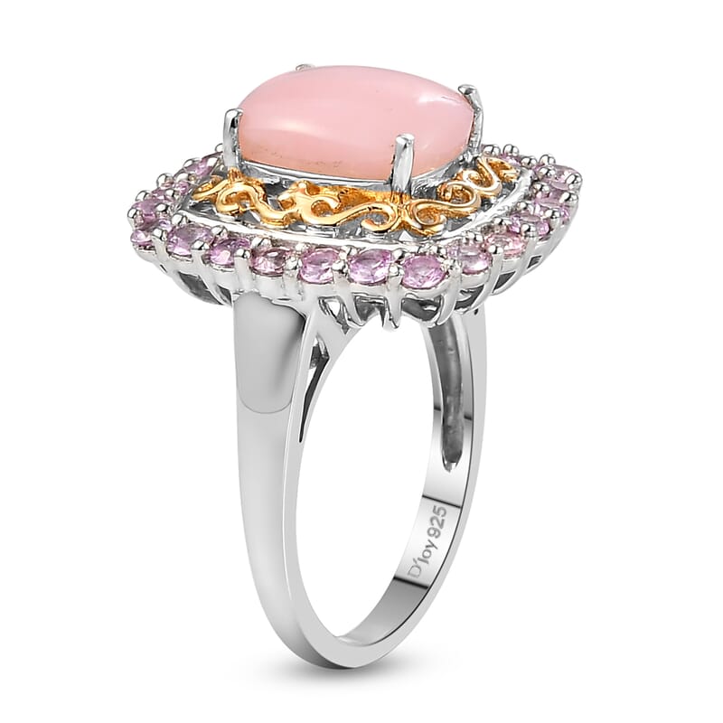 Peruvian Pink Opal and Madagascar Pink Sapphire Halo Ring in Vermeil Yellow Gold and Platinum Over Sterling Silver (Size 6.0) 3.15 ctw