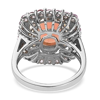 Peruvian Pink Opal and Madagascar Pink Sapphire Halo Ring in Vermeil Yellow Gold and Platinum Over Sterling Silver (Size 6.0) 3.15 ctw