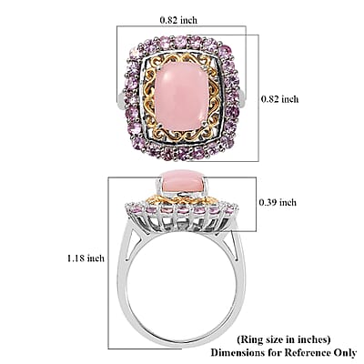 Peruvian Pink Opal and Madagascar Pink Sapphire Halo Ring in Vermeil Yellow Gold and Platinum Over Sterling Silver (Size 6.0) 3.15 ctw