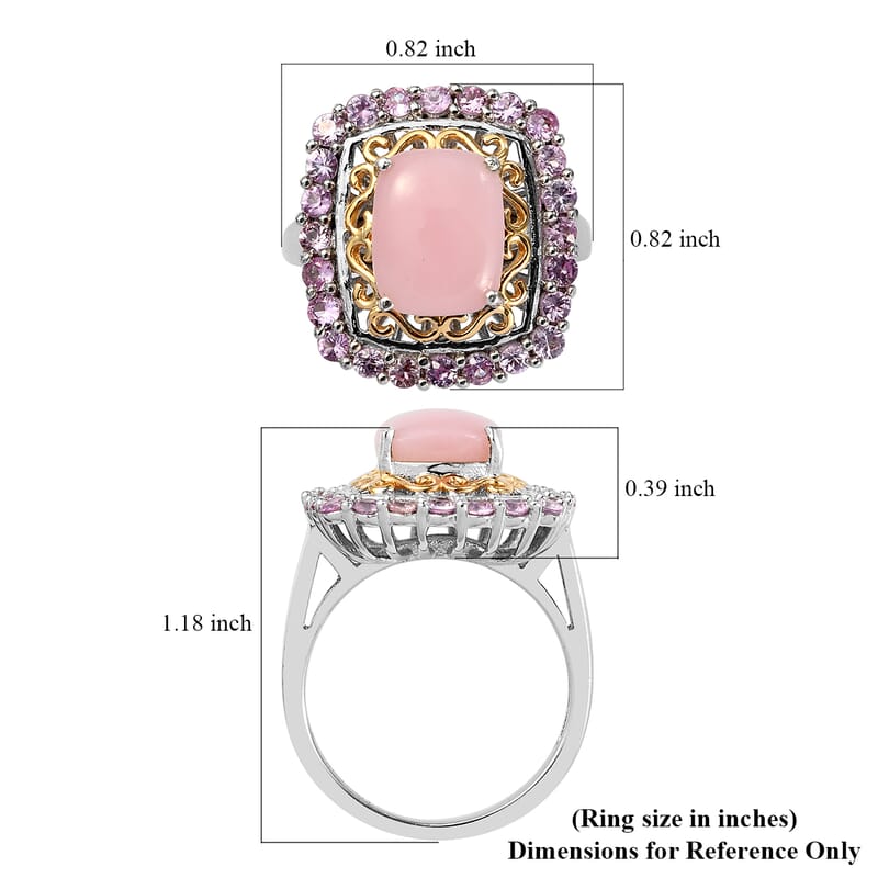 Peruvian Pink Opal and Madagascar Pink Sapphire Halo Ring in Vermeil Yellow Gold and Platinum Over Sterling Silver (Size 6.0) 3.15 ctw