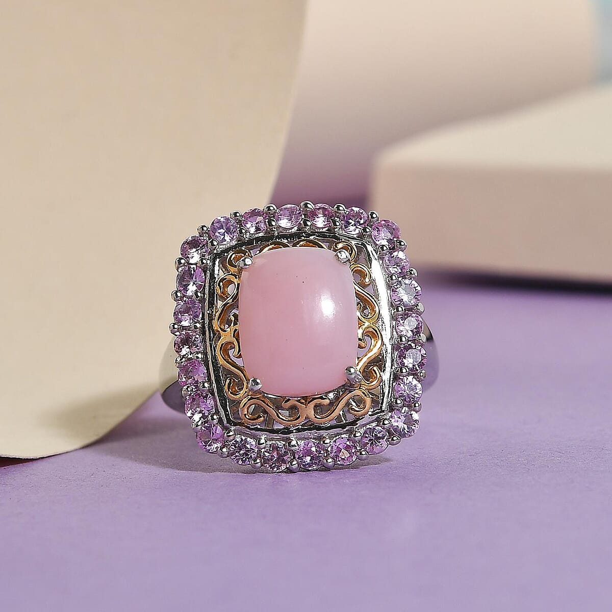 Peruvian Pink Opal and Madagascar Pink Sapphire Halo Ring in Vermeil Yellow Gold and Platinum Over Sterling Silver (Size 9.0) 3.15 ctw image number 1