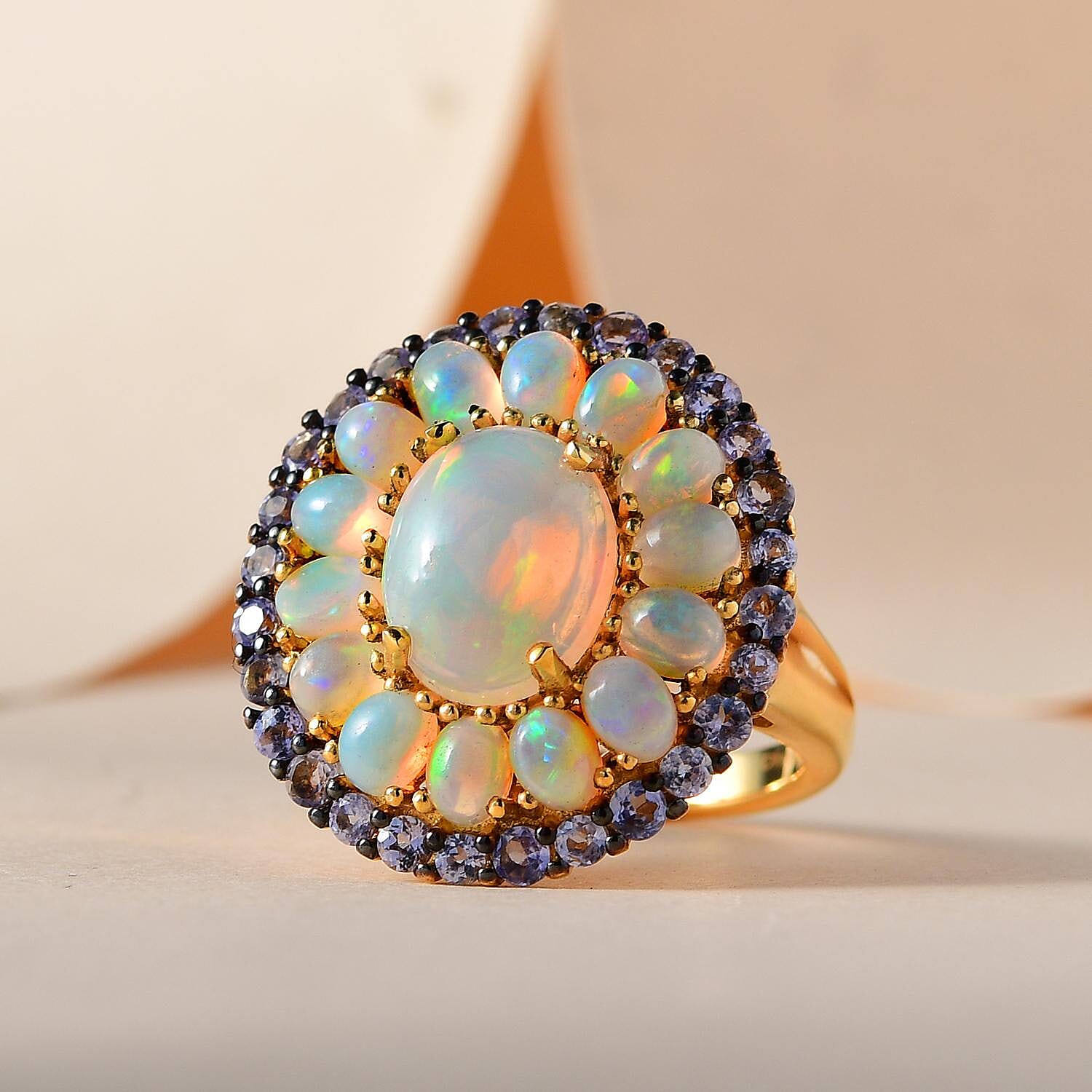 Premium Ethiopian Welo Opal and Tanzanite Cocktail Ring in Vermeil Yellow Gold Over Sterling Silver (Size 10.0) 5.50 ctw