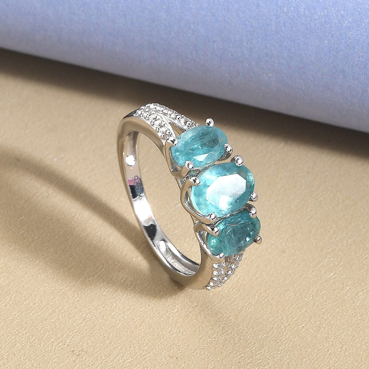 Premium Grandidierite and Natural White Zircon Trilogy Ring in Platinum Over Sterling Silver (Size 7.0) 1.85 ctw image number 1