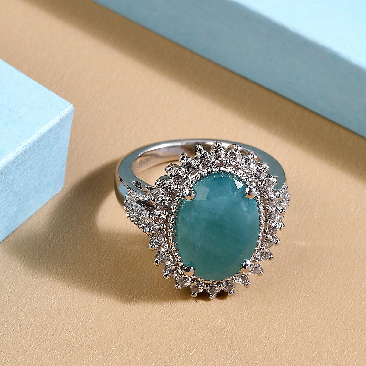 Premium Grandidierite and Natural White Zircon Sunburst Ring in Platinum Over Sterling Silver (Size 7.0) 7.25 ctw image number 1