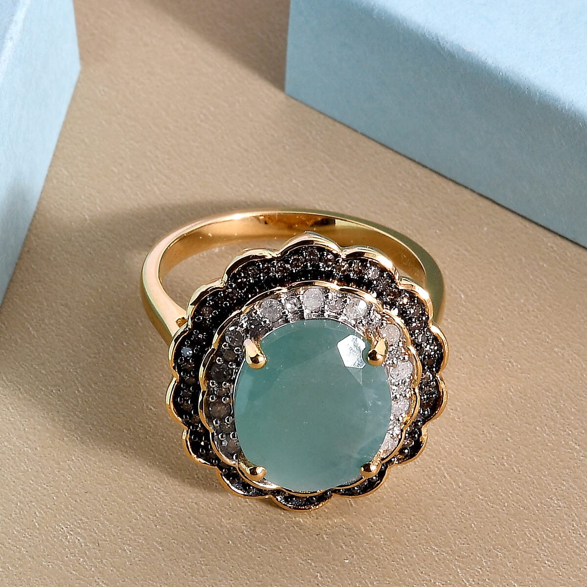 Premium Grandidierite, Natural Champagne and White Diamond Double Halo Ring in Rhodium & Vermeil YG Over Sterling Silver 5.50 ctw image number 1