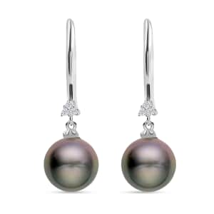 Tahitian Pearl Drop Earrings in Platinum Plated Sterling Silver| Diamond  Studs| Diamond Jewelry   0.07 ctw