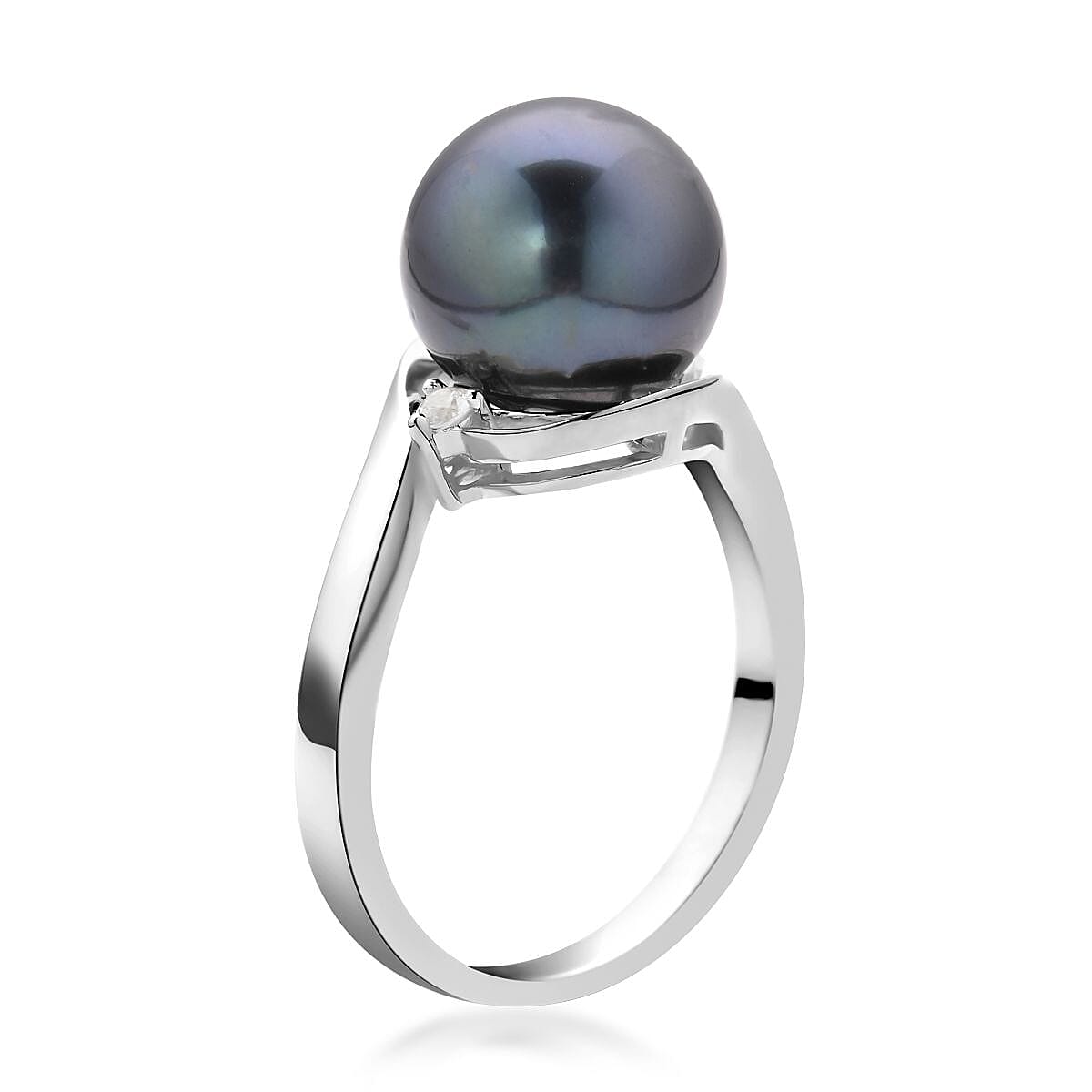 Tahitian Cultured Pearl and Natural White Zircon Solitaire Ring in Platinum Over Sterling Silver (Size 10.0) 0.10 ctw