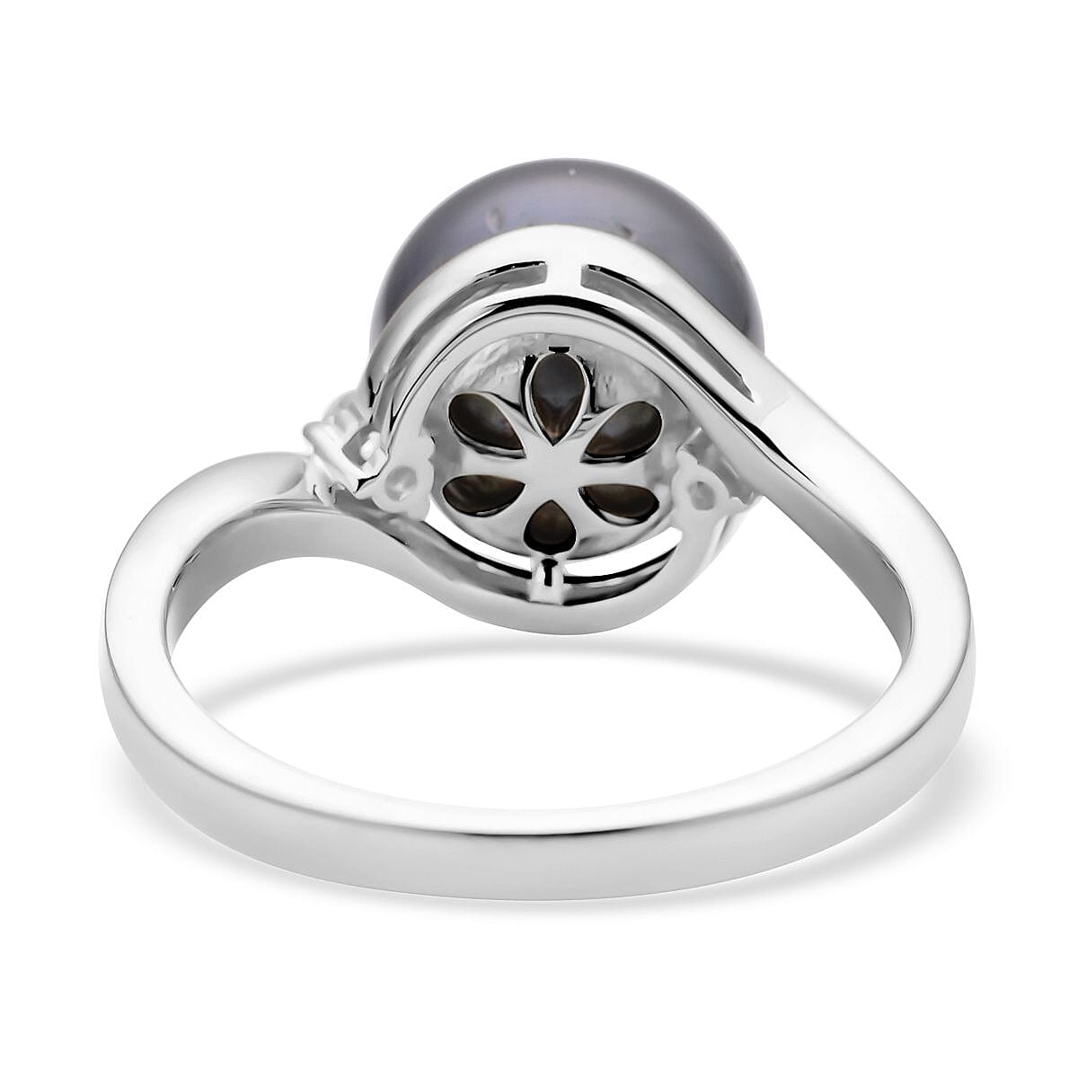 Tahitian Cultured Pearl and Natural White Zircon Solitaire Ring in Platinum Over Sterling Silver (Size 10.0) 0.10 ctw
