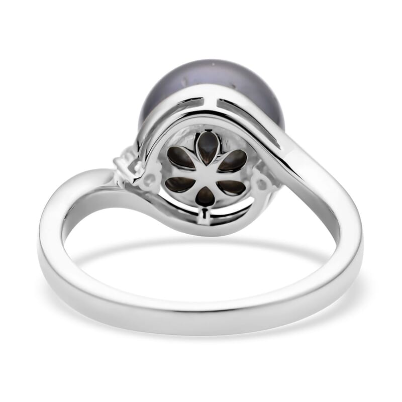Tahitian Cultured Pearl and Natural White Zircon Solitaire Ring in Platinum Over Sterling Silver (Size 10.0) 0.10 ctw
