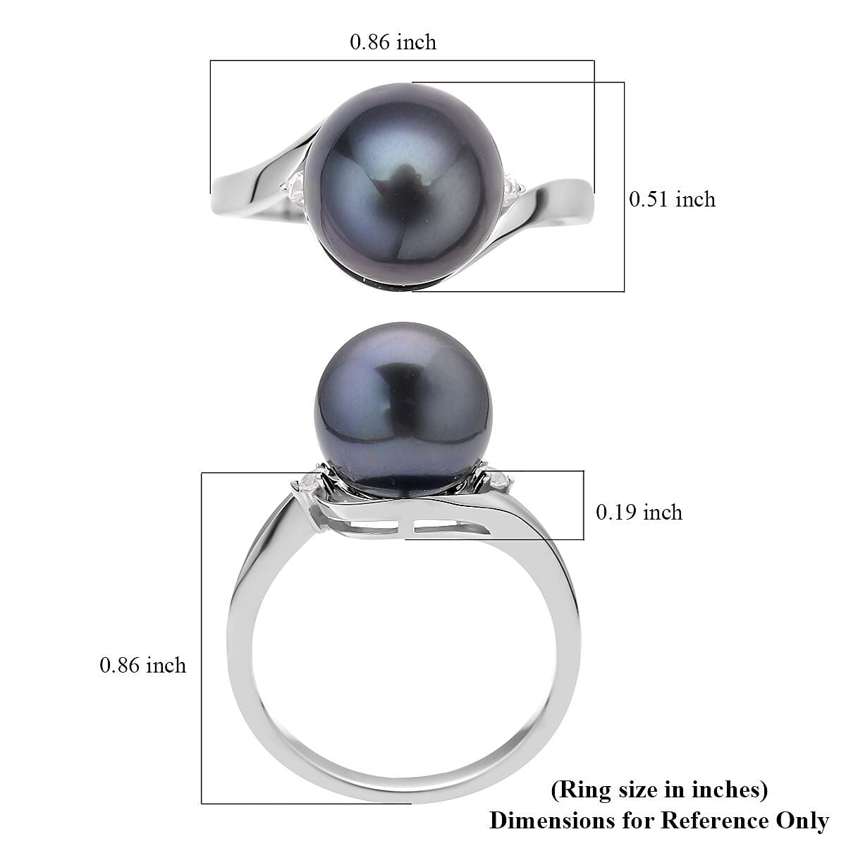 Tahitian Cultured Pearl and Natural White Zircon Solitaire Ring in Platinum Over Sterling Silver (Size 10.0) 0.10 ctw