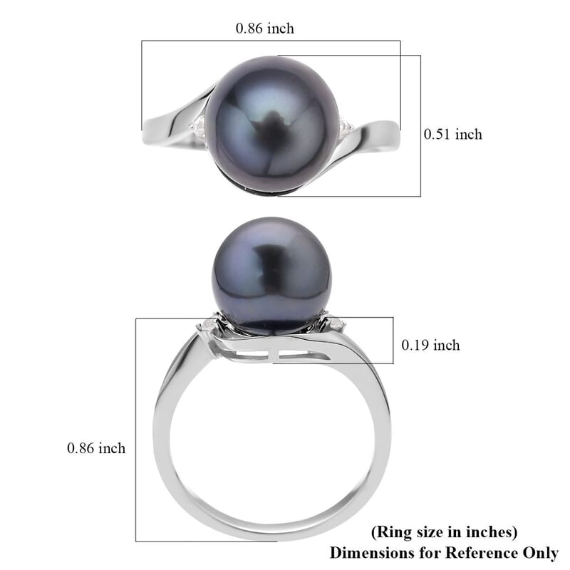 Tahitian Cultured Pearl and Natural White Zircon Solitaire Ring in Platinum Over Sterling Silver (Size 10.0) 0.10 ctw