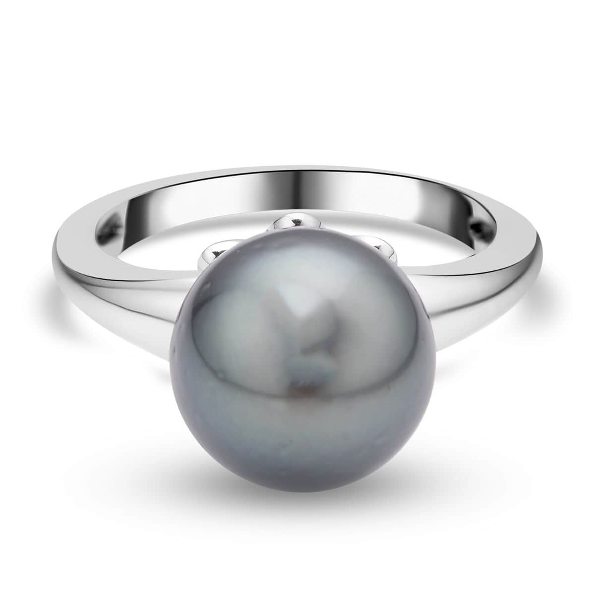 Tahitian Cultured Pearl and Solitaire Ring in Platinum Over Sterling Silver (Size 10.0) image number 0